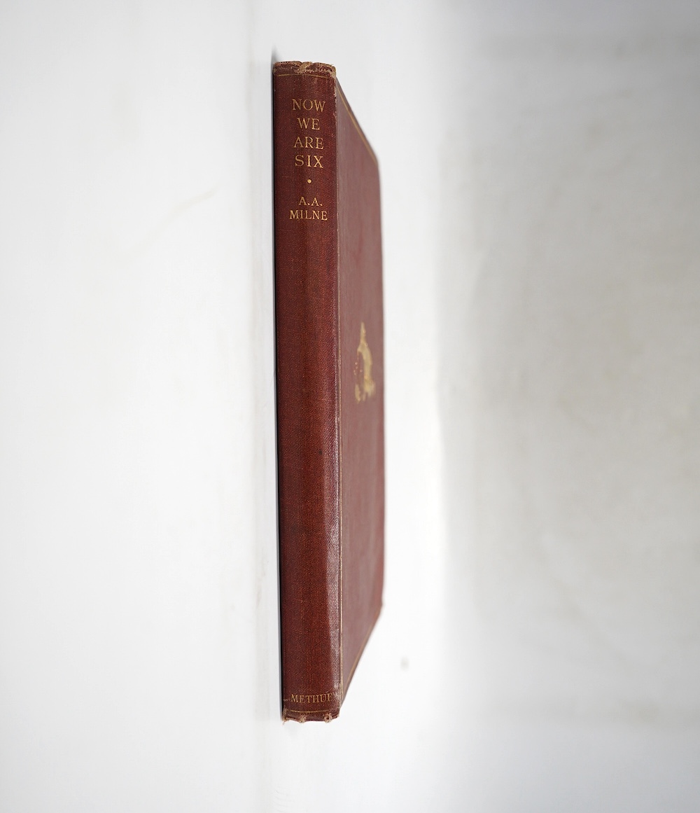 Milne, A.A. - Now We Are Six. with decorations by Ernest H. Shepard. First Edition title and other illus. throughout, and on e/ps.; publisher's gilt ruled and pictorial red cloth, gilt top, sm.8vo. Methuen, 1927